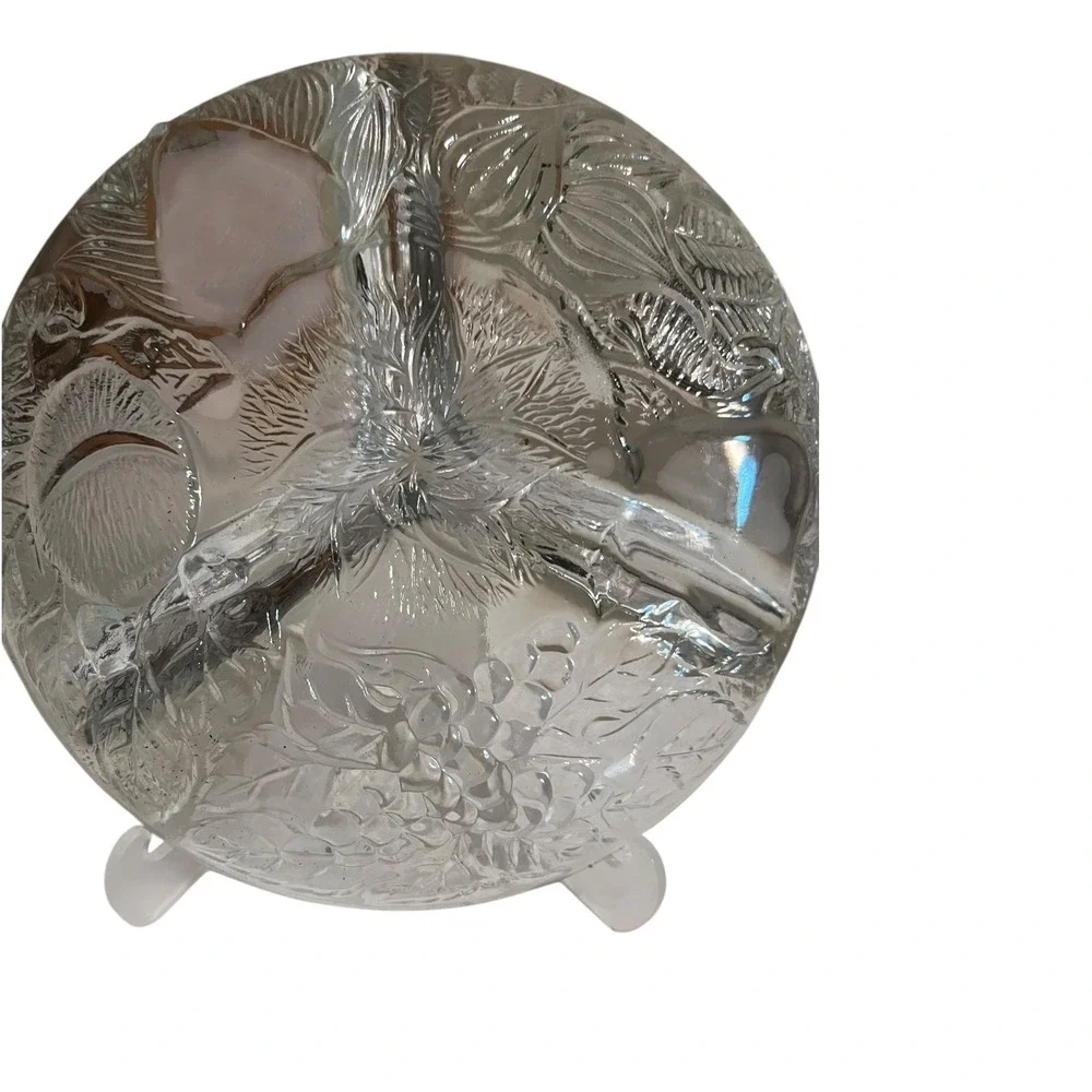 Vintage Three Part Divided Glass Dish Fruit Apple Grape Etched Made in Indonesia